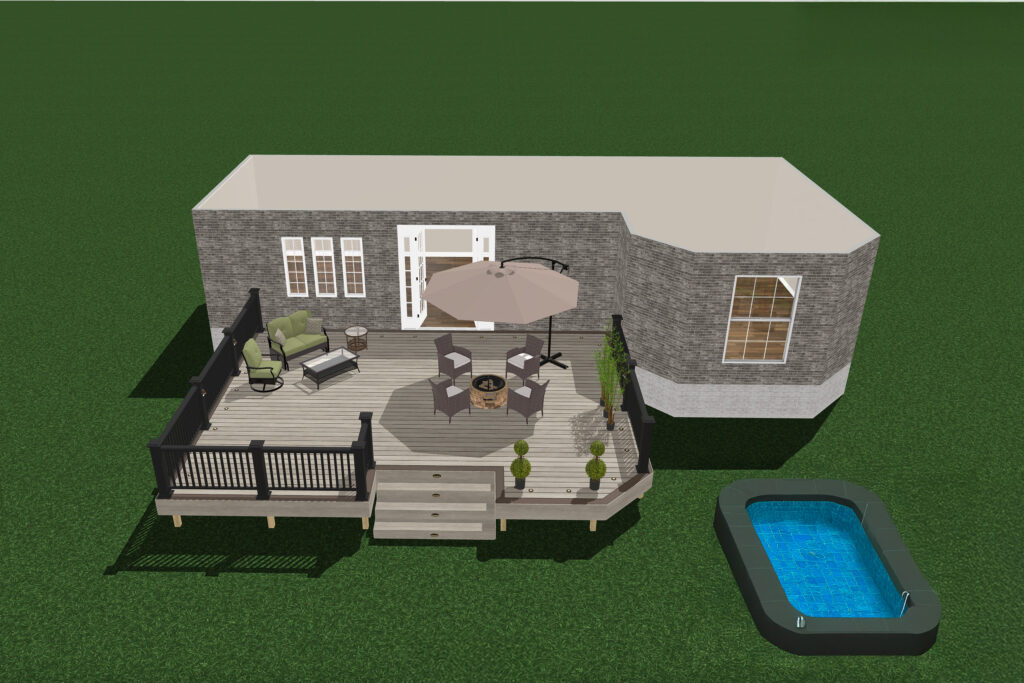 3D rendering of an outdoor patio crafted by a renowned deck designer in Toronto, featuring a wood deck, lounge chairs, and a table with an umbrella. The space includes a small pool and is attached to a brick house with several windows and a door, all surrounded by lush greenery.