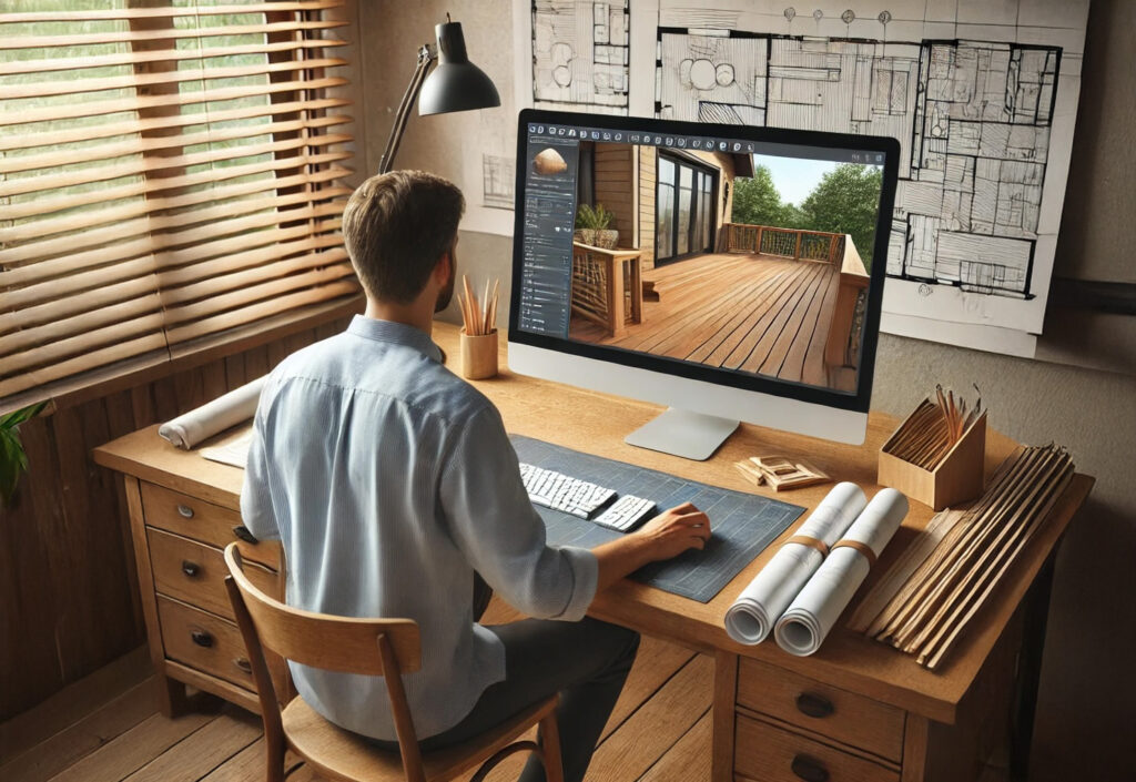 A person is sitting at a wooden desk using a computer to design a wooden deck. Architectural blueprints and sketches are pinned to the wall. The workspace has rolled-up plans, drawing tools, and natural light streaming through blinds.