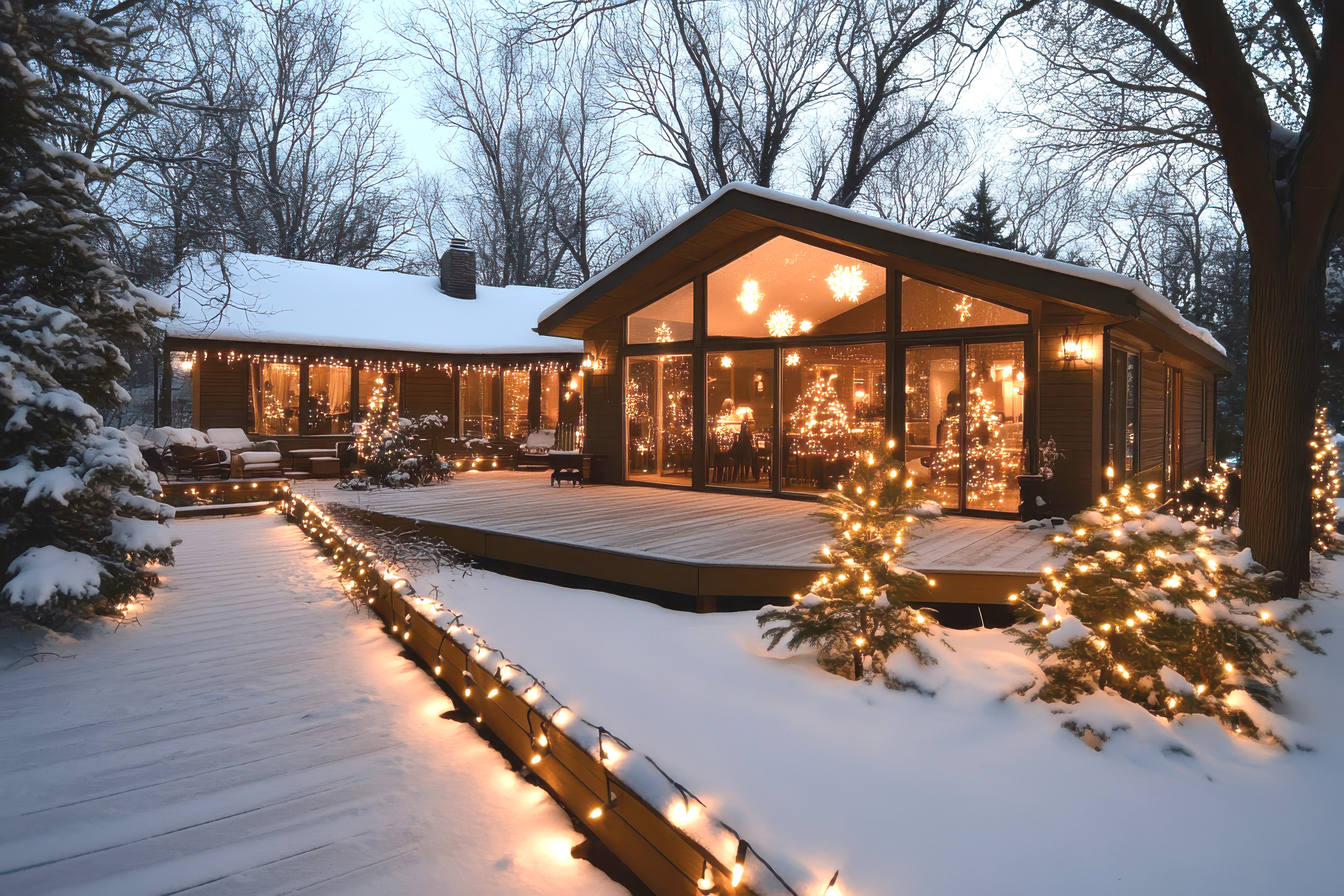 A cozy snow-covered house with warm glowing lights, decorated for the holidays. The large windows reveal a festive interior, and the composite deck builder crafted an elegant outdoor space where trees and shrubs are adorned with string lights, creating a serene winter scene.