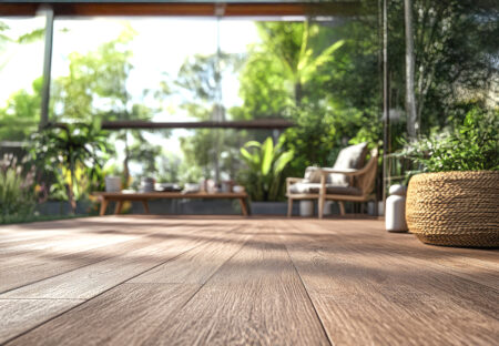 A cozy sunlit room with a wooden floor and large windows revealing lush greenery outside. Inside, there are two wicker baskets, potted plants, and a set of comfortable chairs. Sunlight casts gentle patterns on the floor.