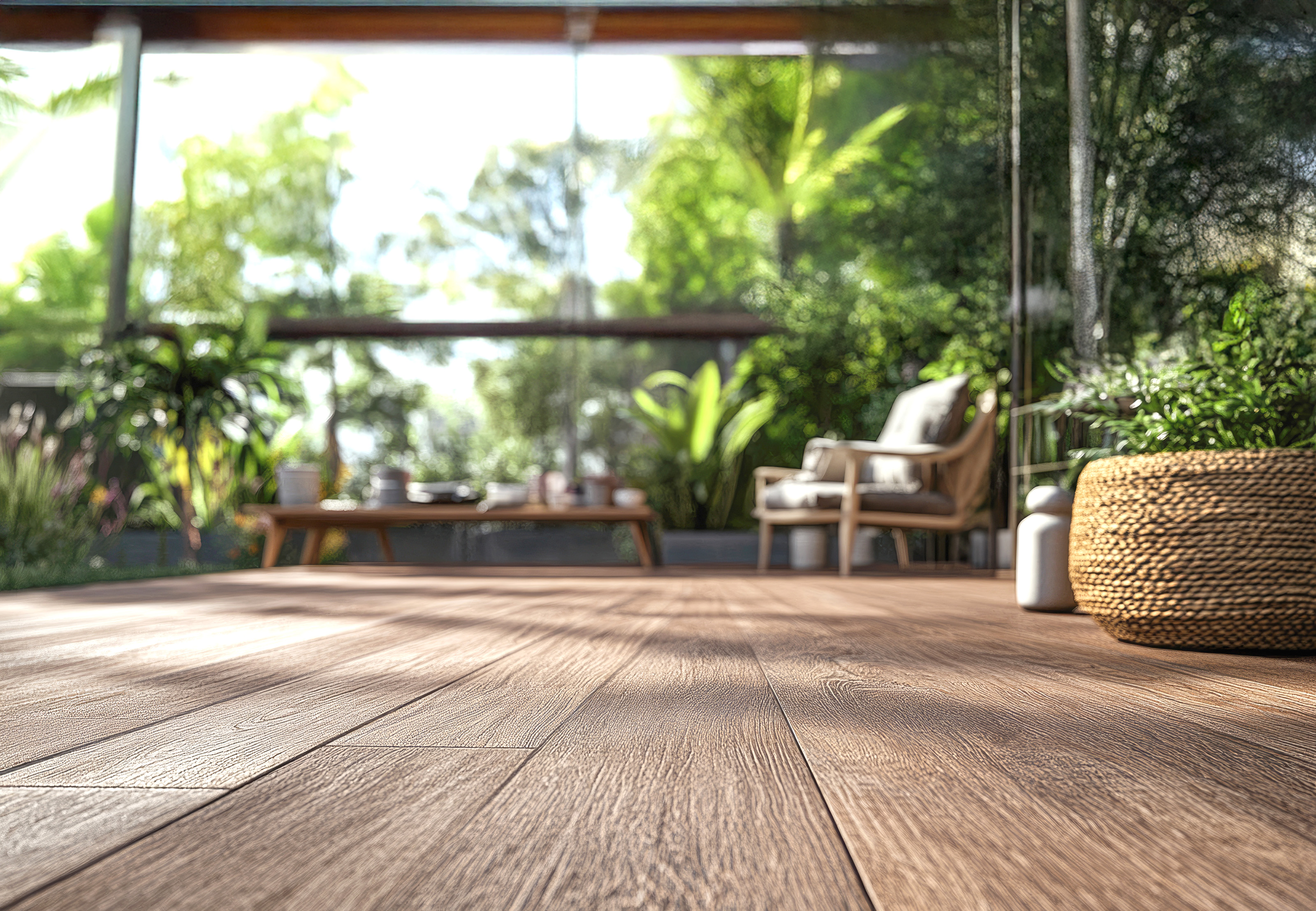 A cozy sunlit room with a wooden floor and large windows revealing lush greenery outside. Inside, there are two wicker baskets, potted plants, and a set of comfortable chairs. Sunlight casts gentle patterns on the floor.