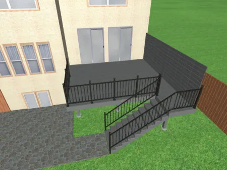 A 3D rendering of a raised backyard deck attached to a house. The deck has black railings, a privacy screen on one side, steps leading down to a paved patio, and is surrounded by grass.