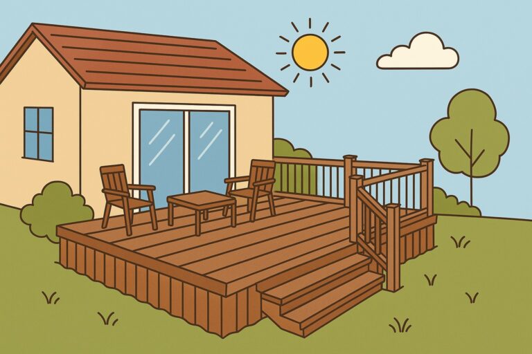Cartoon-style image of a backyard wooden deck attached to a small house, with two chairs and a table. The sun is shining in a blue sky with a cloud and trees in the background.