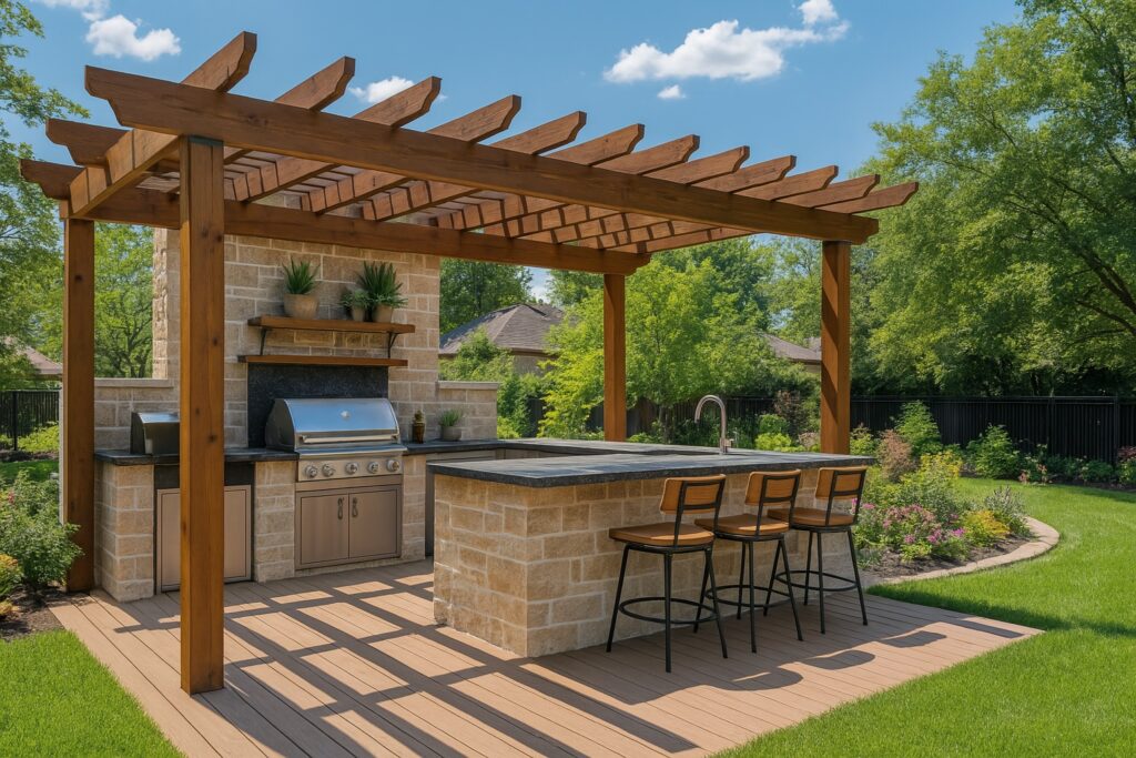 Outdoor kitchen with pergola, stone counters, built-in grill, bar seating, and surrounding landscaped garden.