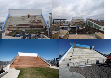 Four stages of rooftop stair construction, showing progress from bare concrete to completed wooden steps under cloudy and clear skies.