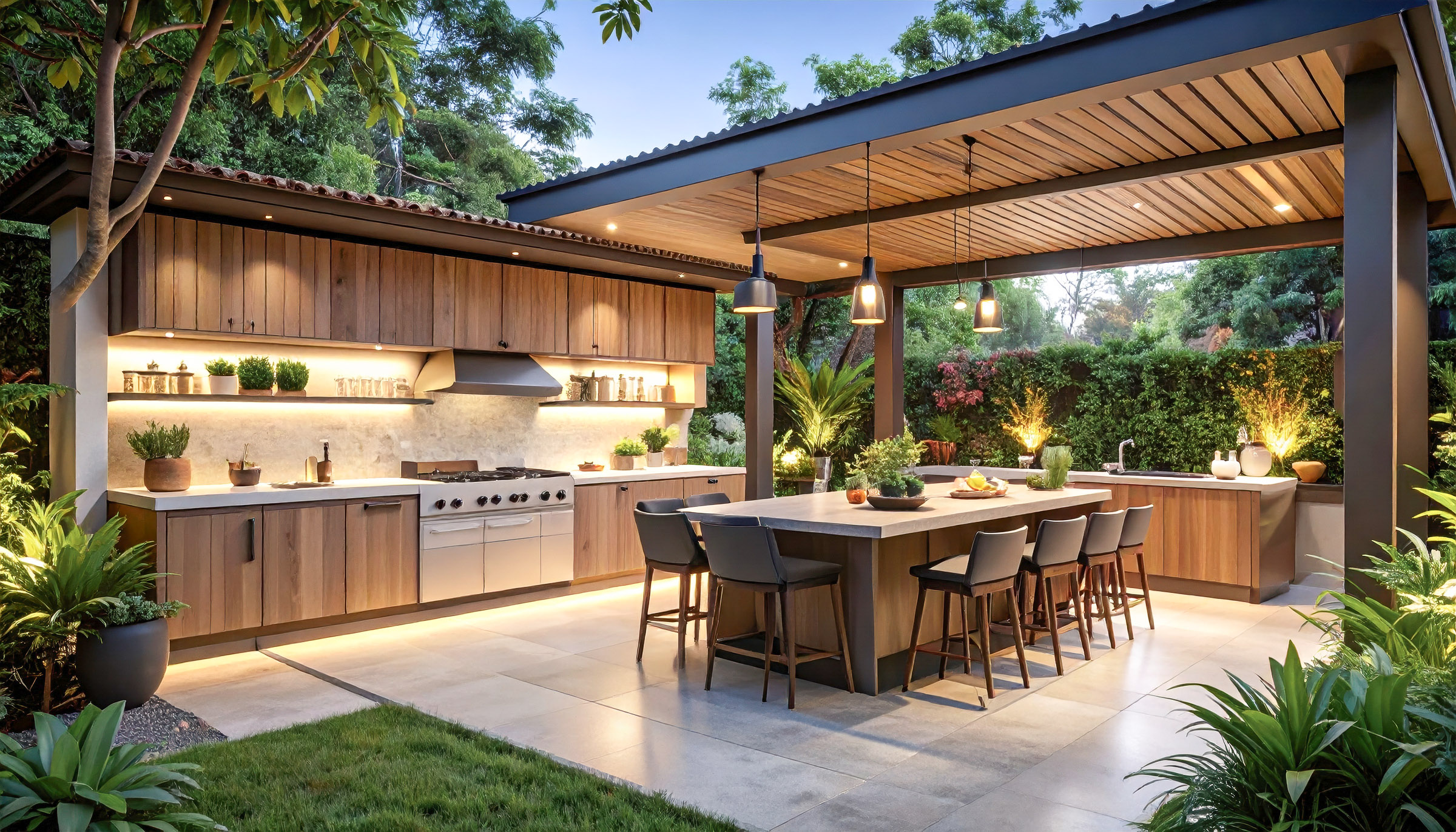 Modern outdoor kitchen features wooden cabinetry, spacious island, and lush greenery, creating serene and inviting atmosphere for cooking and entertaining