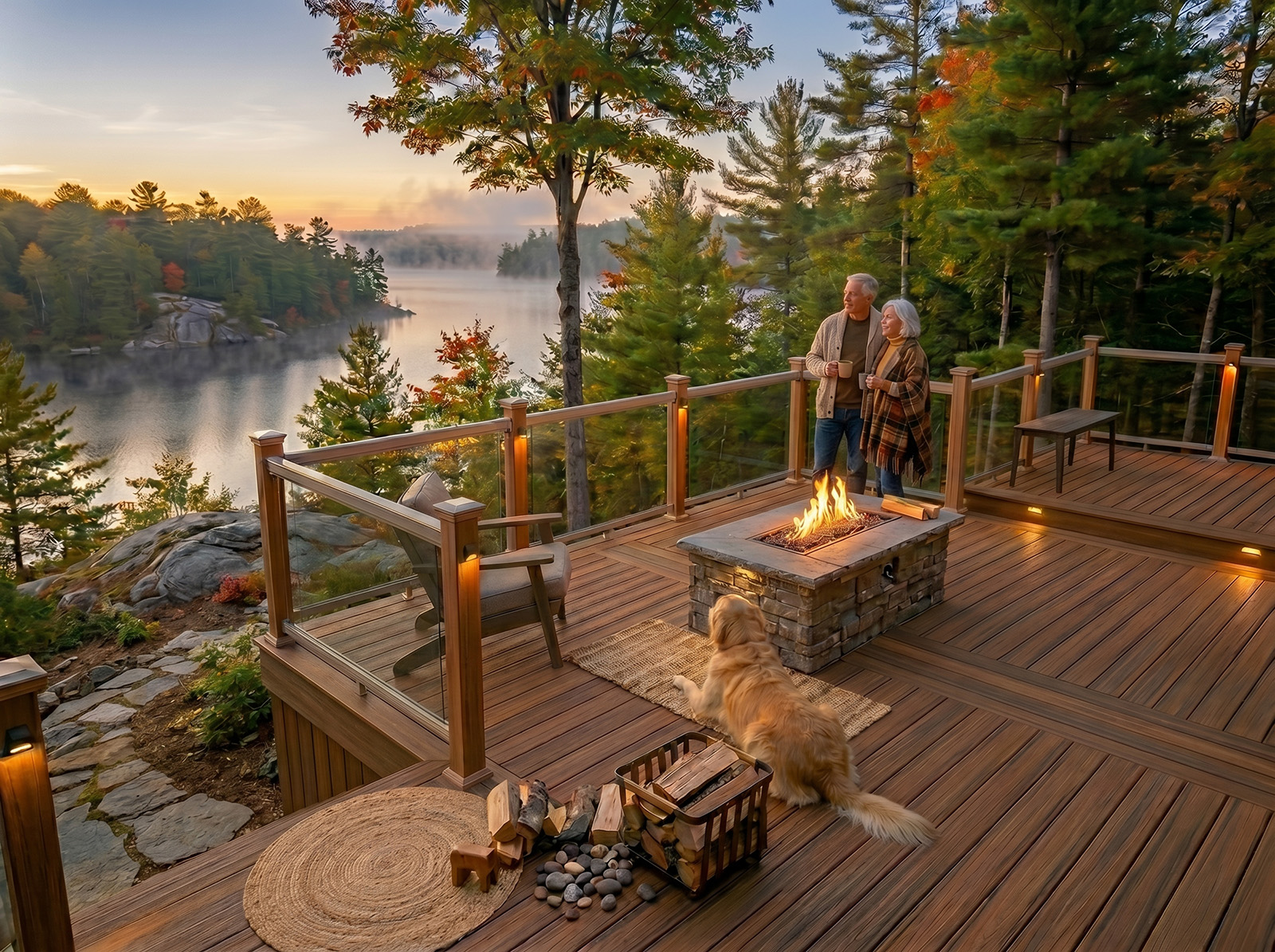 An older couple stands by a fire pit on a wooden deck overlooking a lake at sunset, with a dog lying nearby.