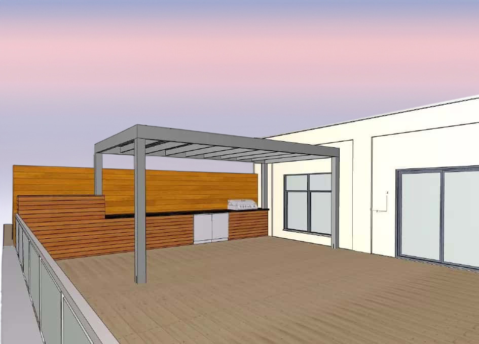 A modern rooftop terrace features a wooden deck, a metal pergola, and a built-in barbecue with a wooden backsplash. The sky is a soft gradient of pink and blue, creating a serene atmosphere.